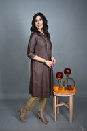 Chocolate Hand Embroidered Silk Slub A-Line Kurta Set (set of 2)