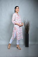 White Floral Printed Cotton Straight Cut Kurta