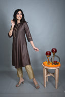 Chocolate Hand Embroidered Silk Slub A-Line Kurta Set (set of 2)
