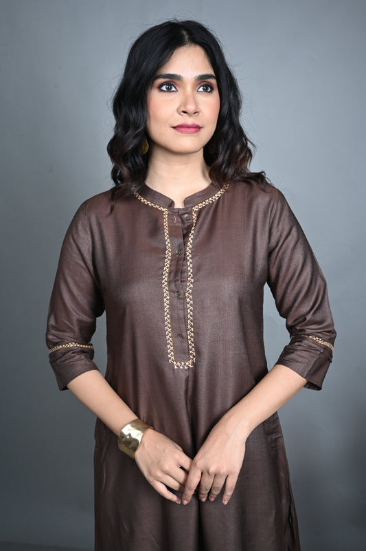 Chocolate Silk Slub A-Line Kurta with Hand Embroidery and Gold Silk Slub Pants Co-ord Set (set of 2)