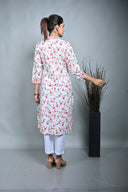 White Floral Printed Cotton Straight Cut Kurta