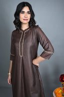 Chocolate Hand Embroidered Silk Slub A-Line Kurta Set (set of 2)