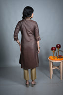 Chocolate Hand Embroidered Silk Slub A-Line Kurta Set (set of 2)