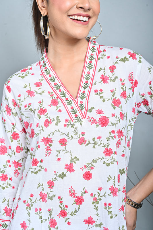 White Floral Printed Cotton Straight Cut Kurta