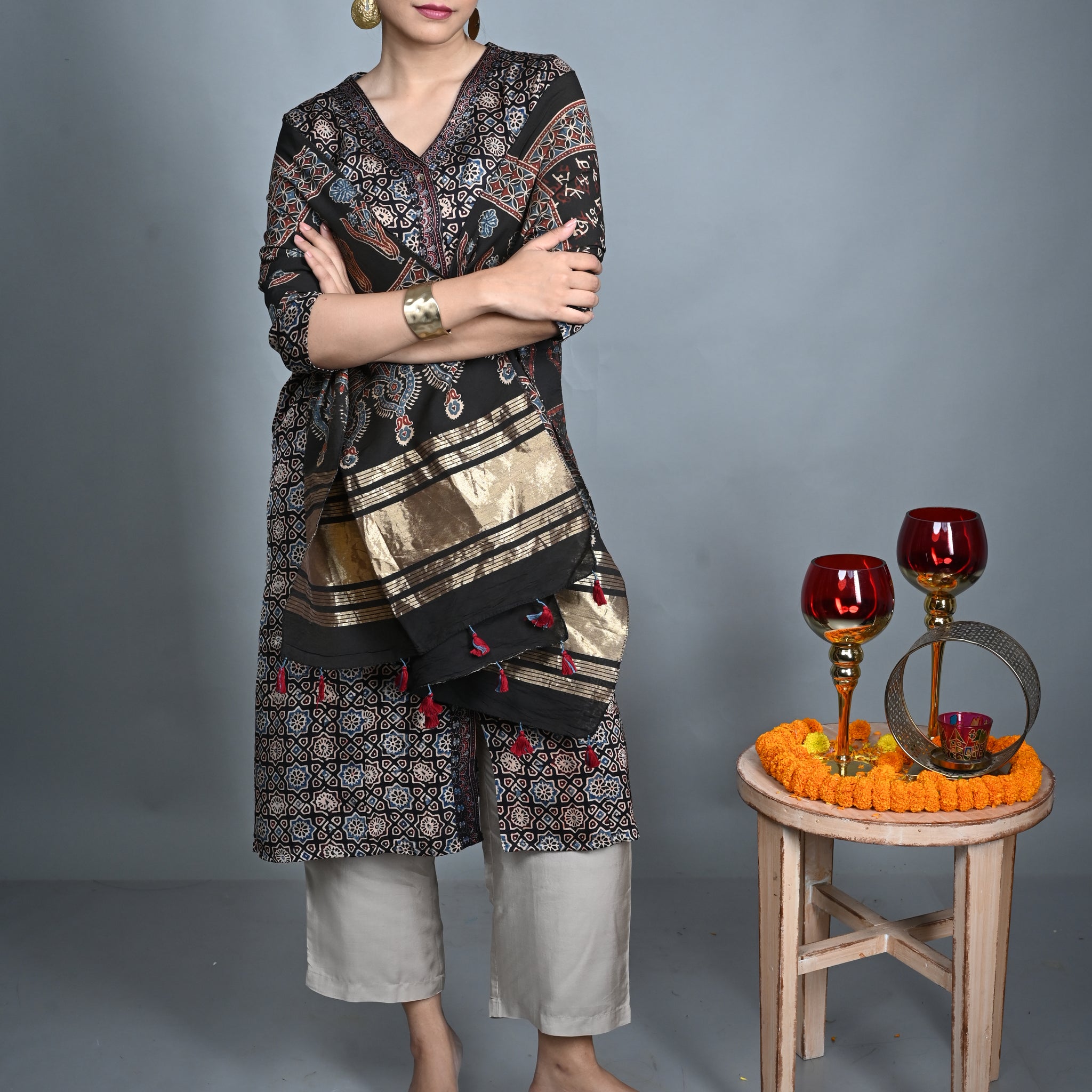 Ajrakh Cotton Stole with Chanderi Silk Detailing