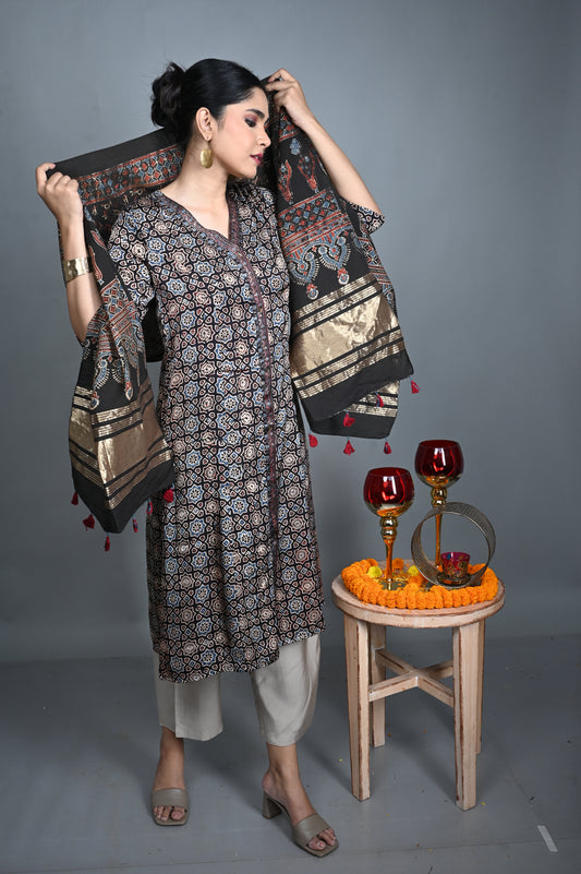Ajrakh Cotton Stole with Chanderi Silk Detailing