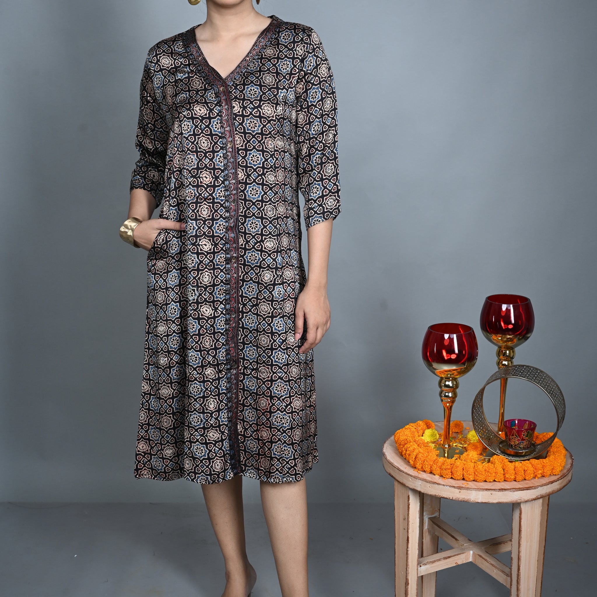Black Modal Silk V-Neck Dress with Hand Block Printing