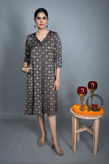 Black Modal Silk V-Neck Dress with Hand Block Printing