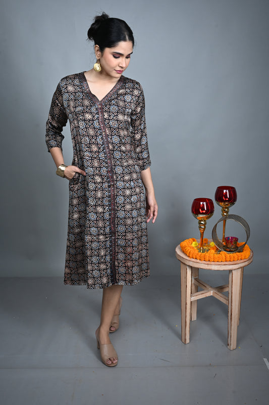 Black Modal Silk V-Neck Dress with Hand Block Printing