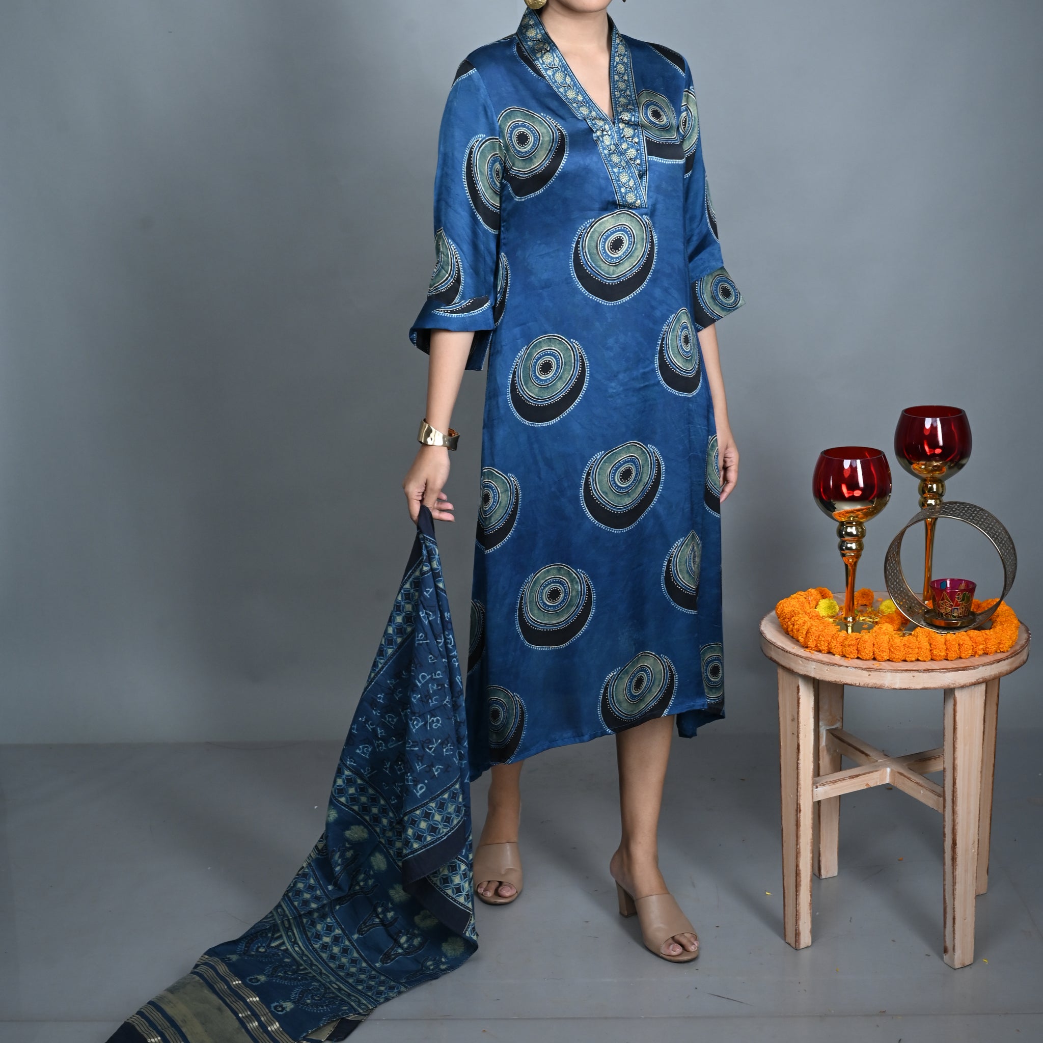 Sapphire Blue Modal Silk V-Neck Dress