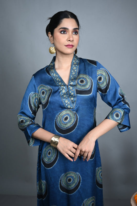 Sapphire Blue Modal Silk V-Neck Dress