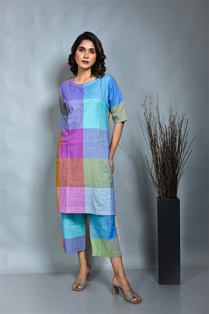 Purple-Blue Checks Handwoven Antifit Co-Ord Set With Kantha Detailing