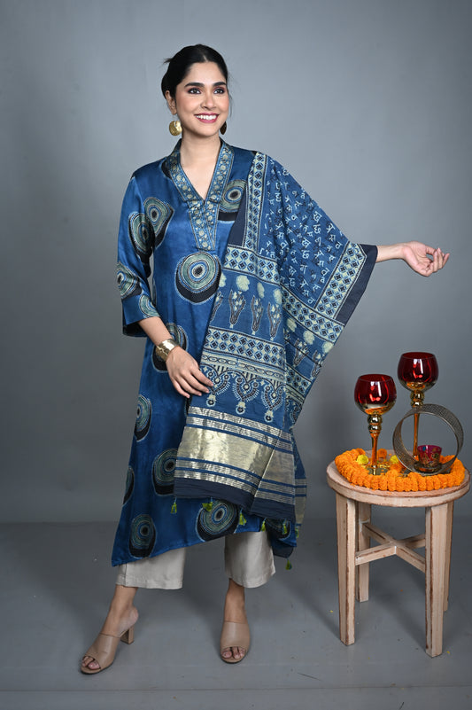 Blue Ajrakh Cotton Stole with Chanderi Silk Accents