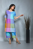 Purple-Blue Pastel Checks Handloom Cotton Antifit Kurta Set (set of 2)