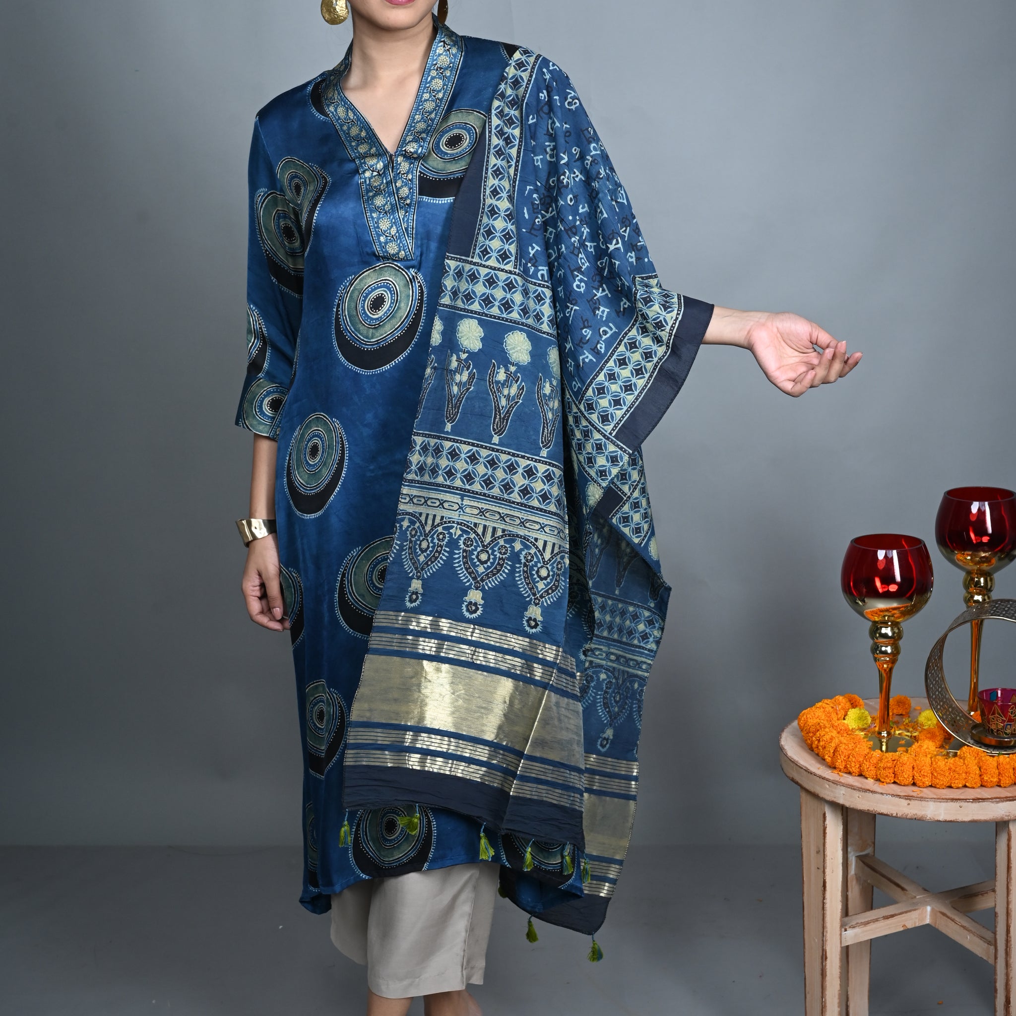 Blue Ajrakh Cotton Stole with Chanderi Silk Accents