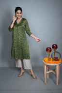 Emerald Green Hand Block Printed Modal Silk V-Neck Dress