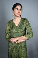 Emerald Green Hand Block Printed Modal Silk V-Neck Dress