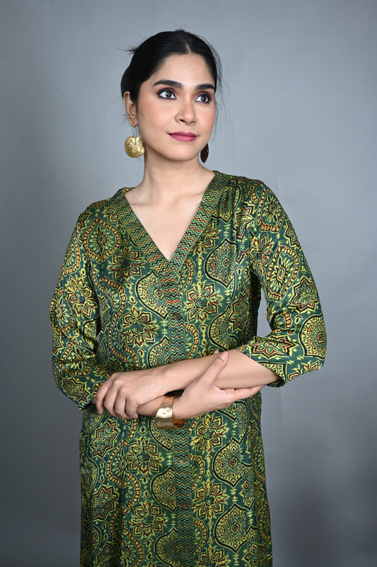Emerald Green Modal Silk V-Neck Dress