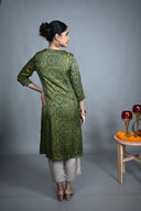 Emerald Green Hand Block Printed Modal Silk V-Neck Dress