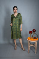 Emerald Green Hand Block Printed Modal Silk V-Neck Dress