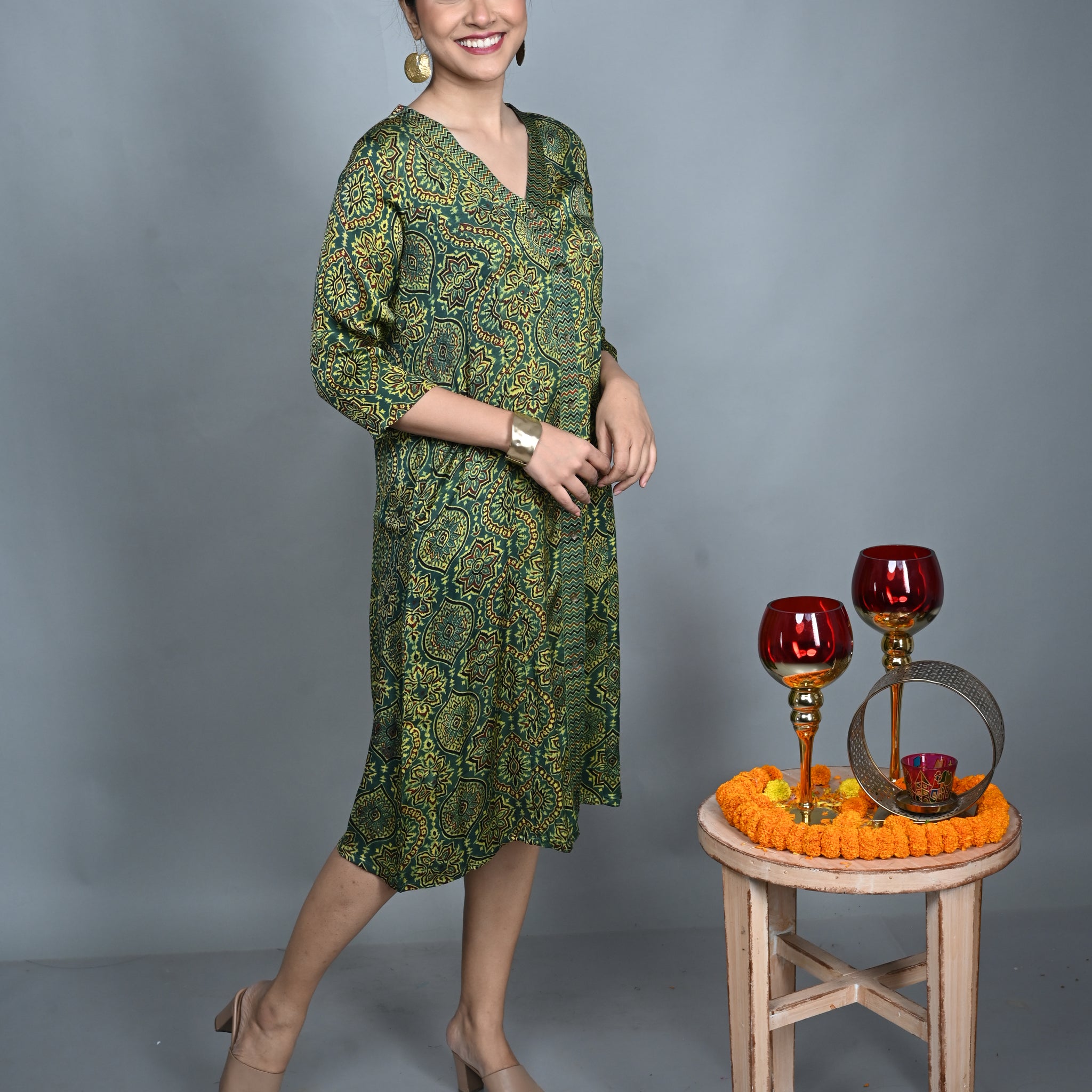 Emerald Green Modal Silk V-Neck Dress