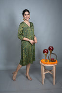 Emerald Green Hand Block Printed Modal Silk V-Neck Dress