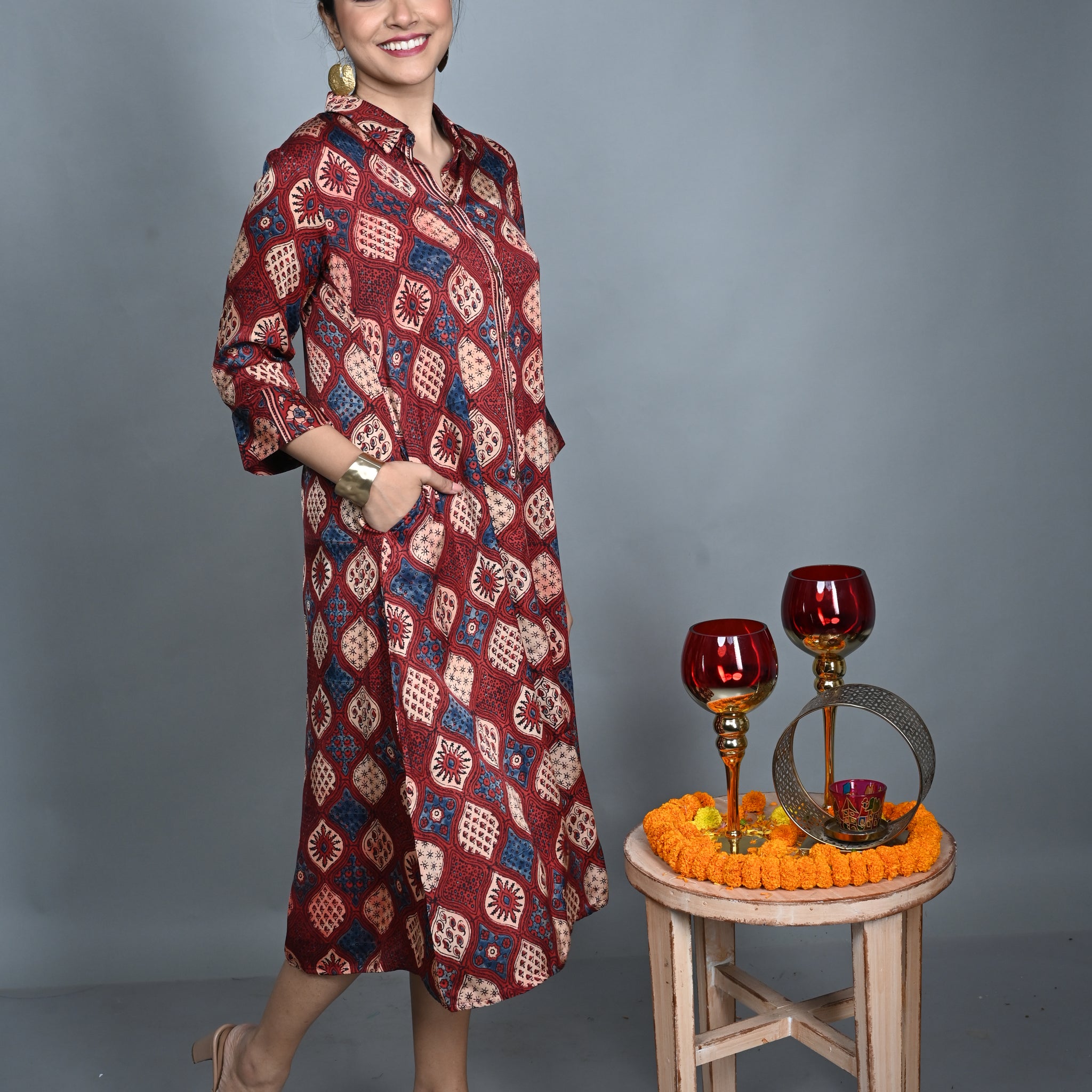 Red Modal Silk Shirt-Collar Dress
