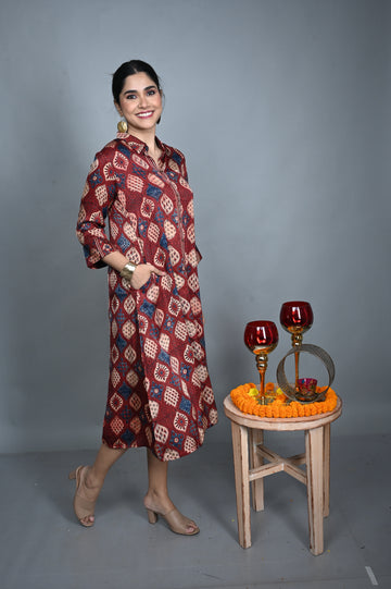 Red Modal Silk Shirt-Collar Dress