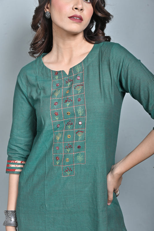 Green Hand Woven A Line Kurta With Kantha Hand Embroidery Detailing