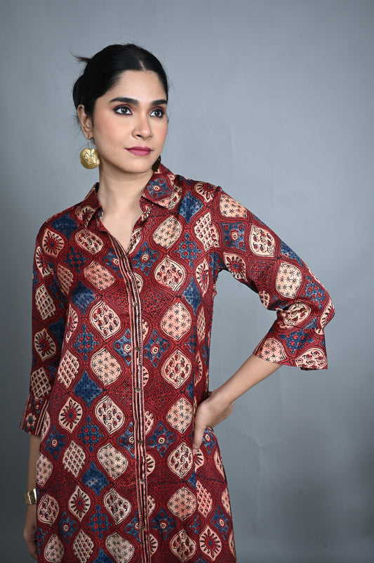 Red Modal Silk Shirt-Collar Dress