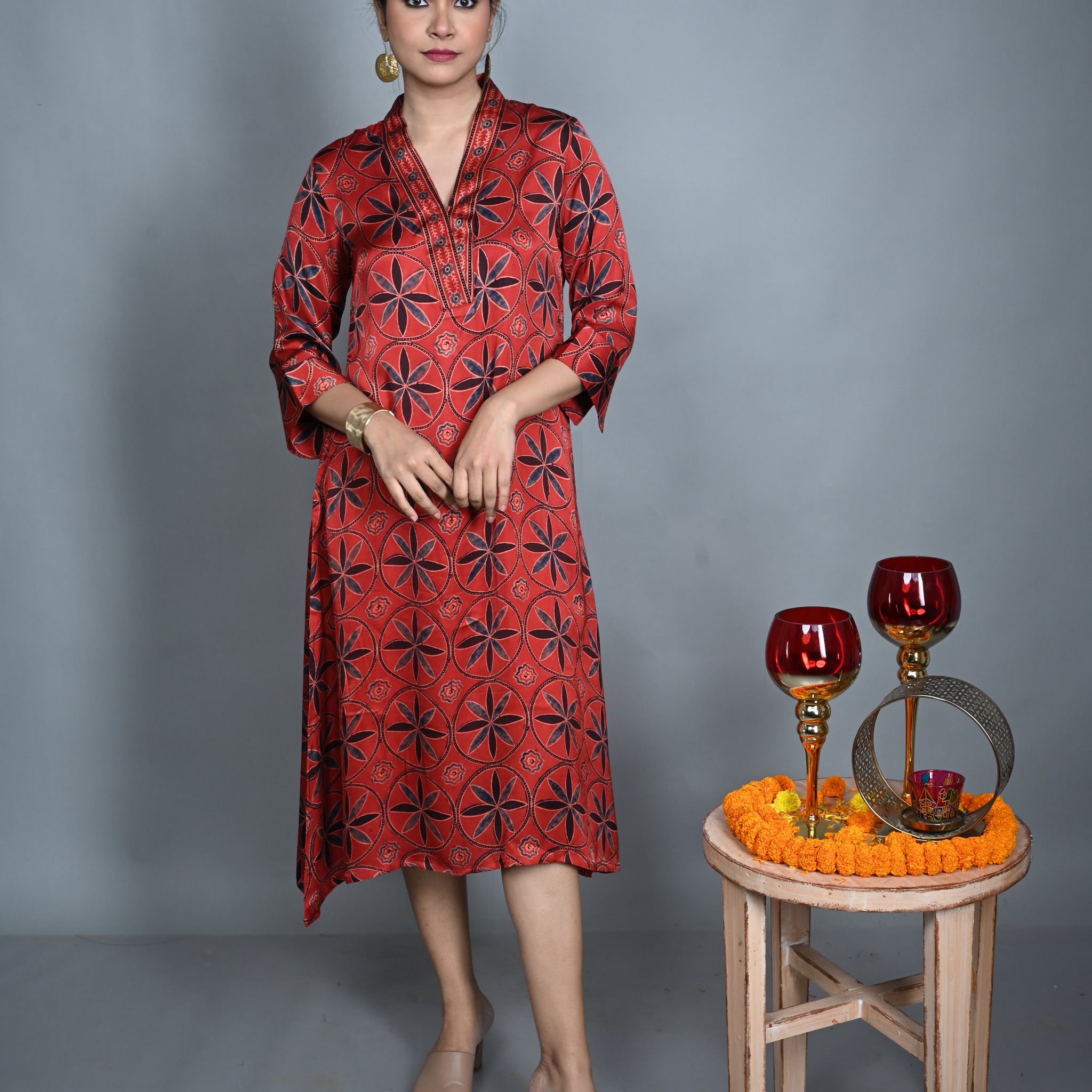 Ruby Red Modal Silk V-Neck Dress with Floral Motifs