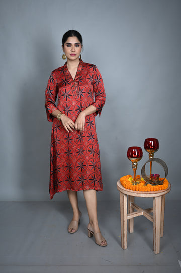 Ruby Red Modal Silk V-Neck Dress with Floral Motifs