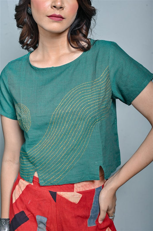 Green Handwoven Crop Top With Hand Embroidery Detailing