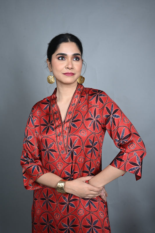 Ruby Red Modal Silk V-Neck Dress with Floral Motifs