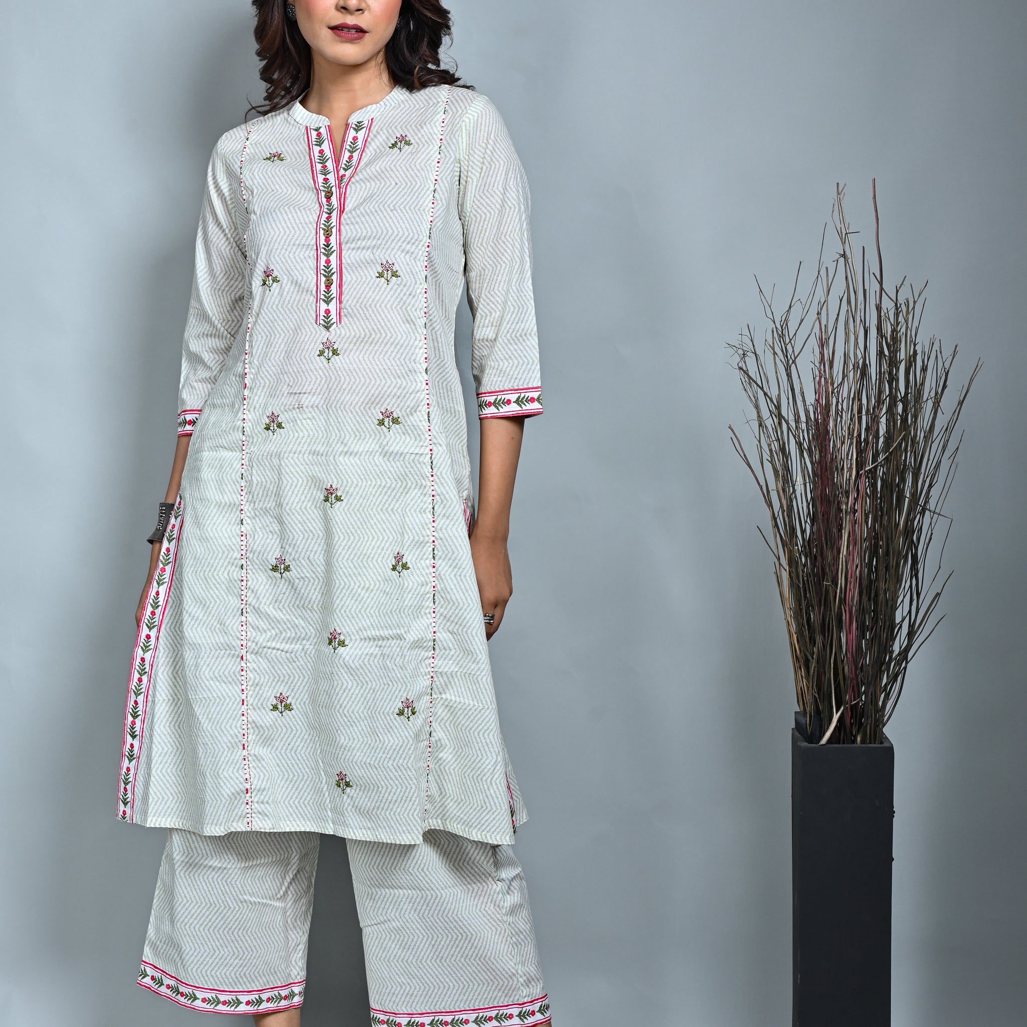 White Floral Printed Three Panel A Line Kurta With Kantha Hand Embroidery Detailing