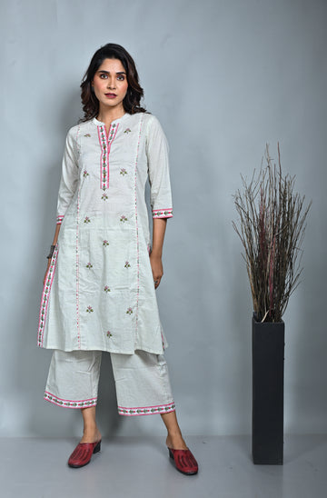 White Floral Printed Three Panel A Line Kurta With Kantha Hand Embroidery Detailing