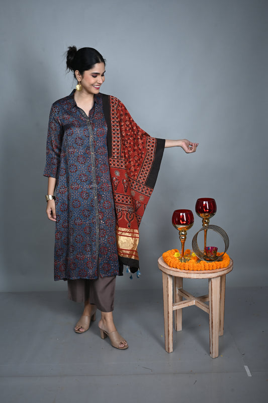 Red Ajrakh Cotton Stole with Chanderi Silk Accents