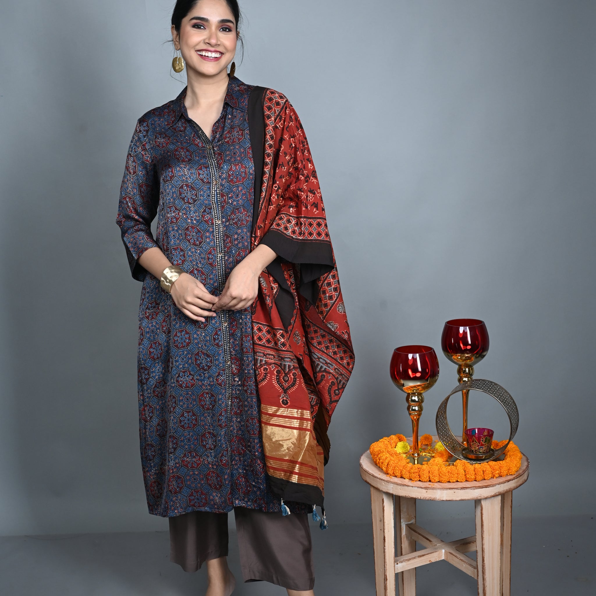 Red Ajrakh Cotton Stole with Chanderi Silk Accents