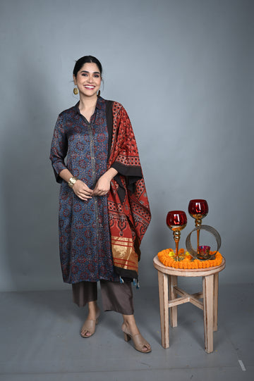 Red Ajrakh Cotton Stole with Chanderi Silk Accents