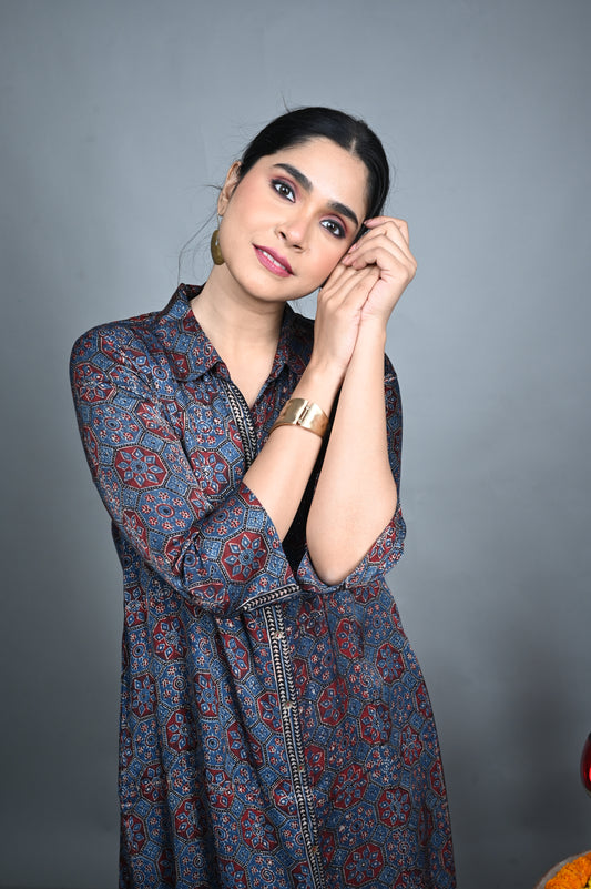 Indigo Modal Silk Shirt-Collar Dress