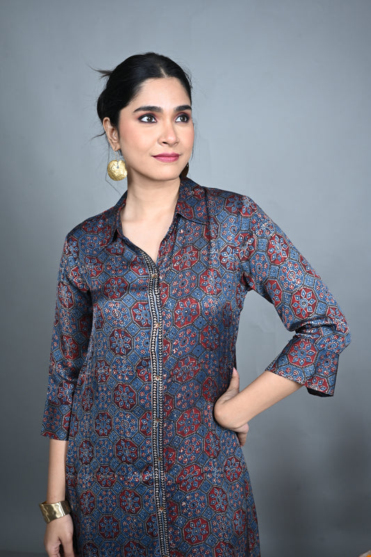 Indigo Modal Silk Shirt-Collar Dress