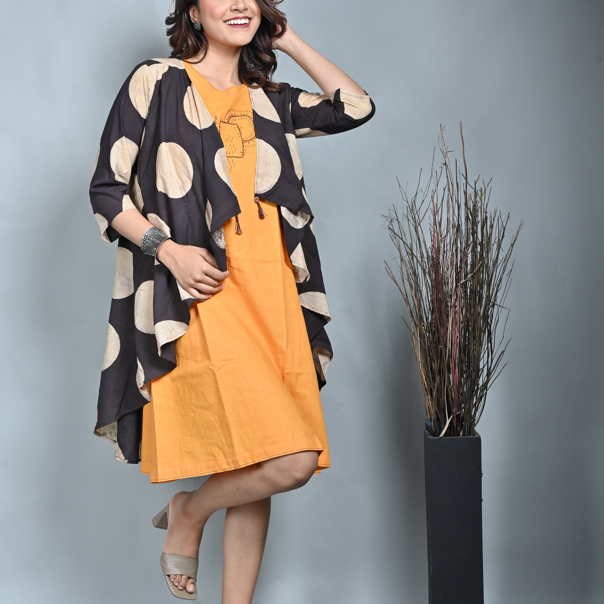 Mustard Ajrakh Block Printed A Line Jacket Style Dress With Kantha Hand Embroidery Detailing