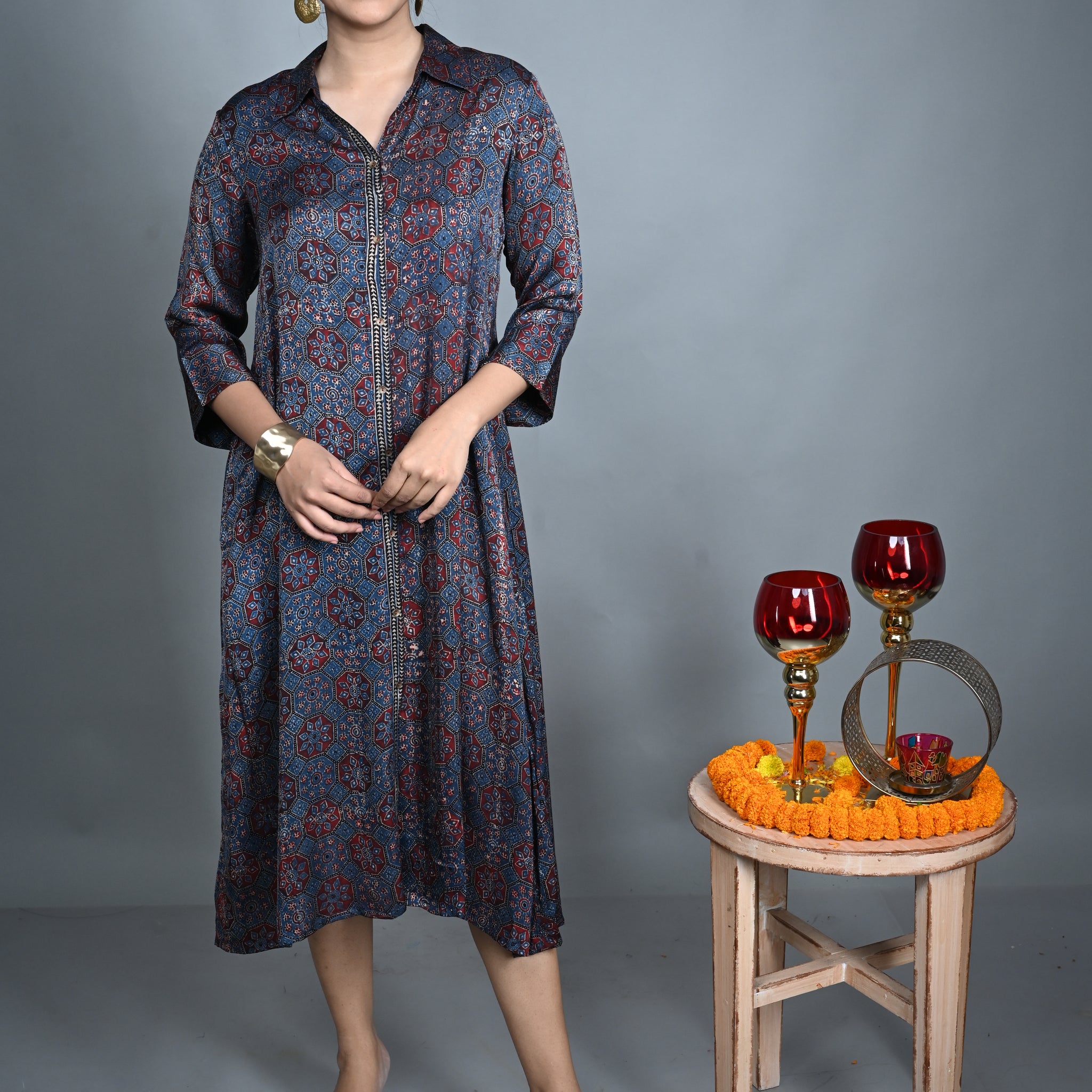 Indigo Modal Silk Shirt-Collar Dress