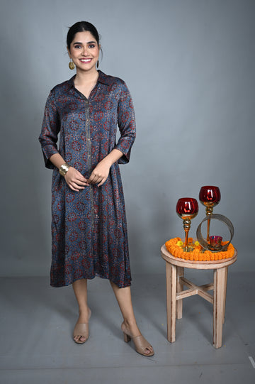 Indigo Modal Silk Shirt-Collar Dress