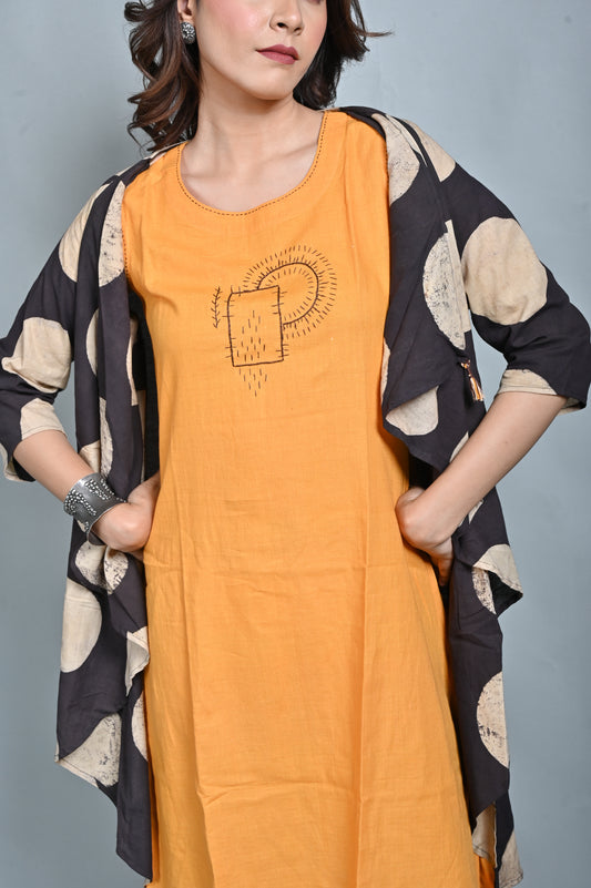 Mustard Ajrakh Block Printed A Line Jacket Style Dress With Kantha Hand Embroidery Detailing