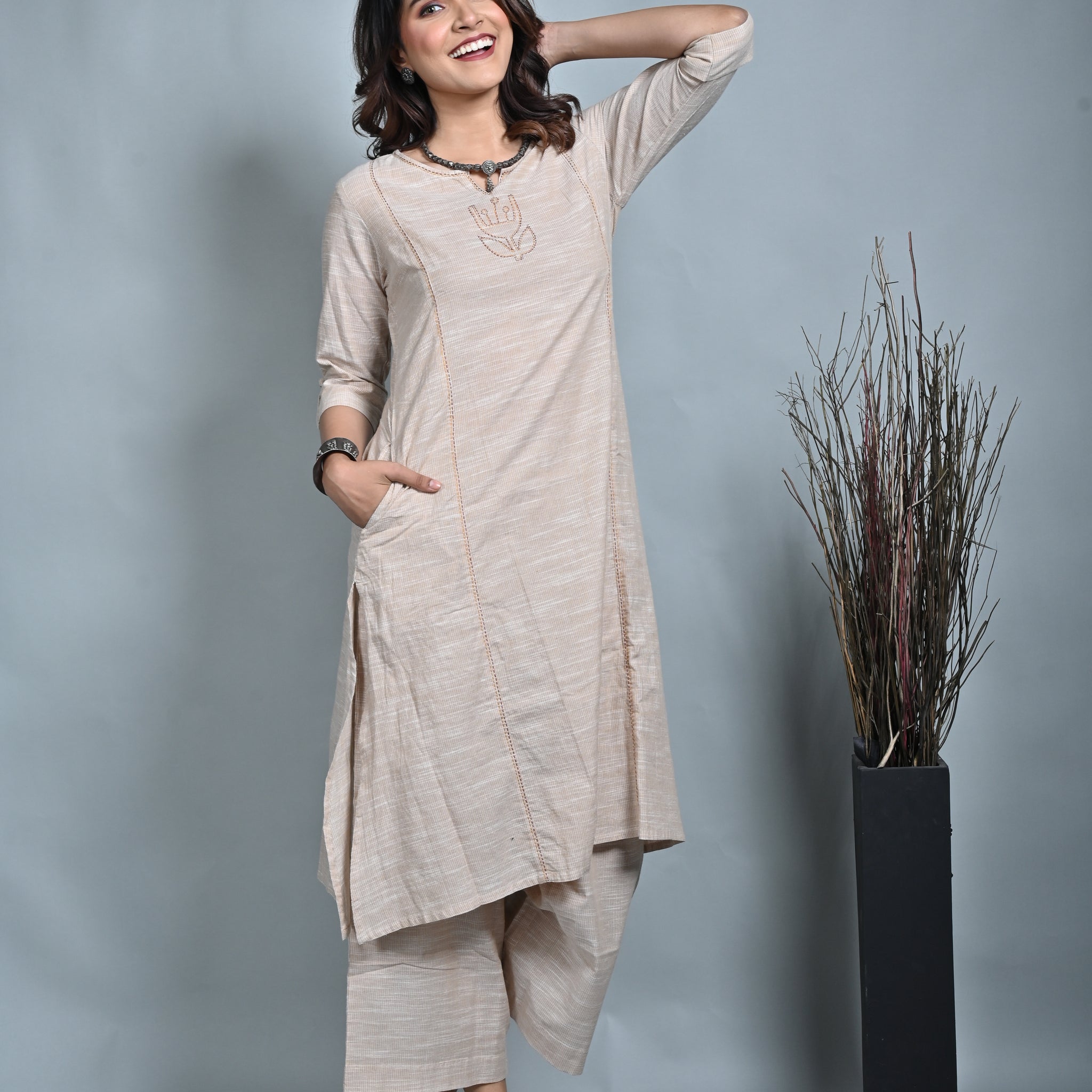 Beige Three Panel A Line Cotton Coo-ord Set With Kantha Hand Embroidery Detailing