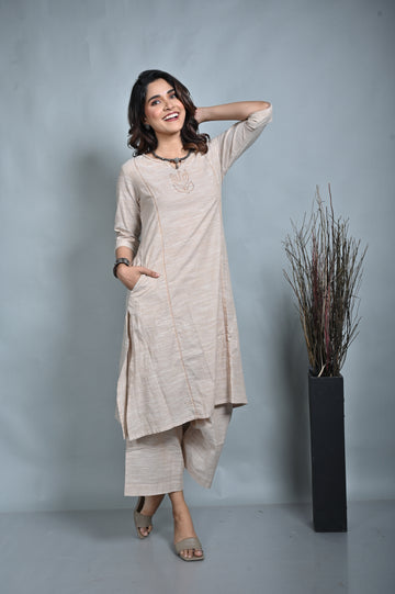 Beige Three Panel A Line Cotton Coo-ord Set With Kantha Hand Embroidery Detailing