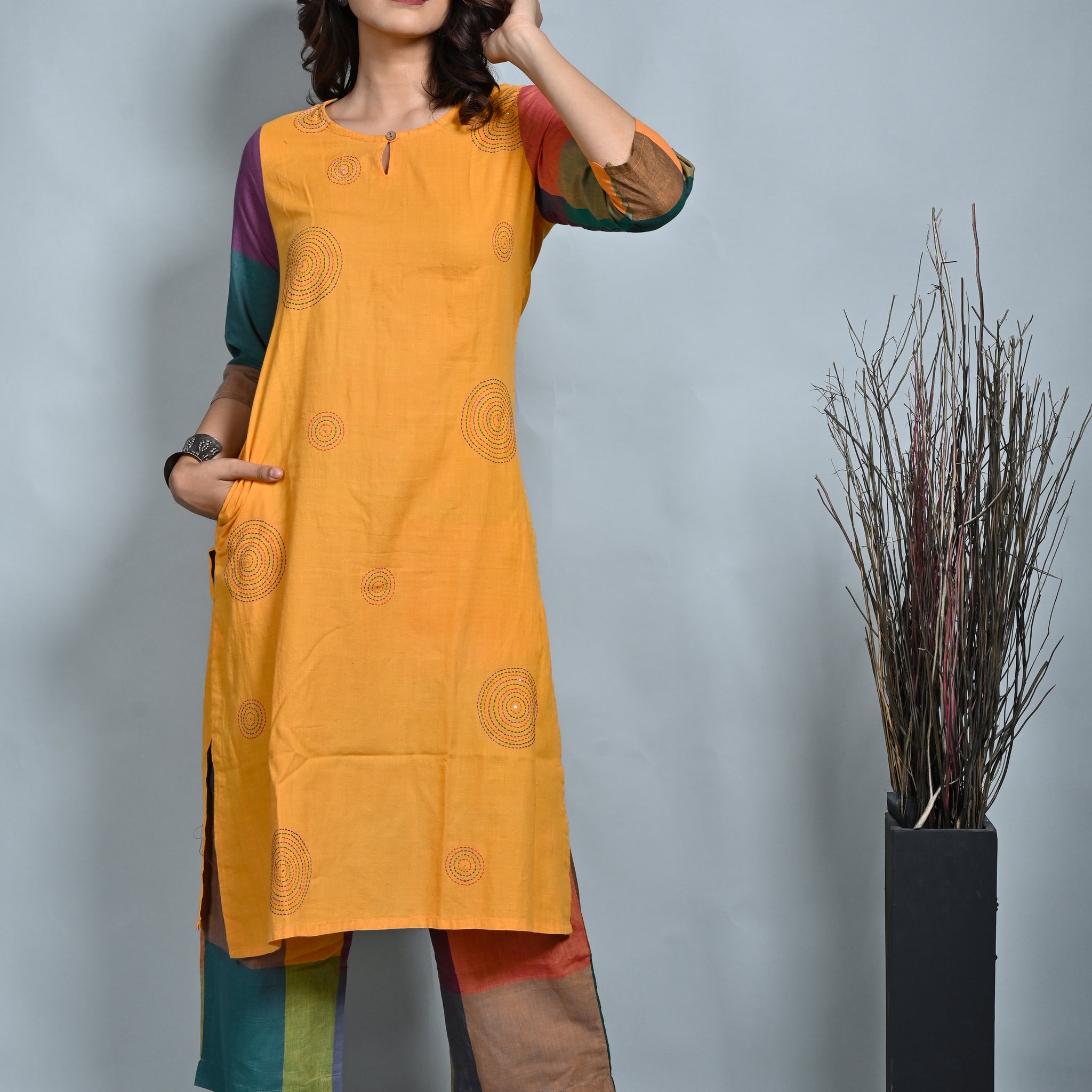 Mustard Hand Woven Straight Cut Kurta With Kantha Hand Embroidery All Over