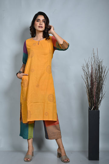 Mustard Hand Woven Straight Cut Kurta With Kantha Hand Embroidery All Over