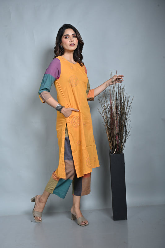 Mustard Hand Woven Straight Cut Kurta With Kantha Hand Embroidery All Over